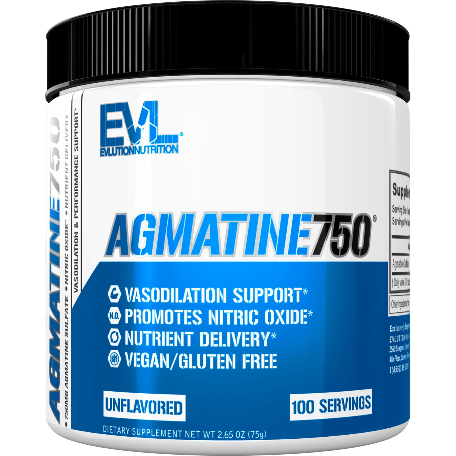 Agmatine Sulfate Powder 750mg - Evlution Nutrition Agmatine Supplement for Vasodilation Support - Pre Workout Nitric Oxide Powder 100 Servings