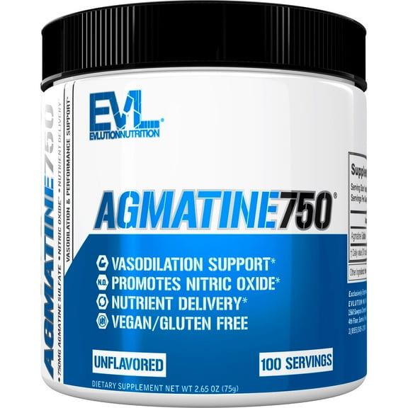 Agmatine Sulfate Powder 750mg - Evlution Nutrition Agmatine Supplement for Vasodilation Support - Pre Workout Nitric Oxide Powder 100 Servings