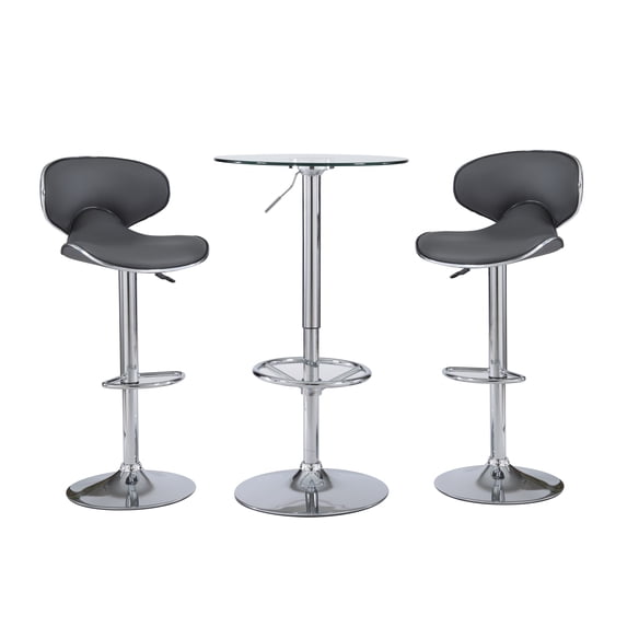Agnes 3-Piece Metal and Glass Pub Table Set, Gray Faux Leather