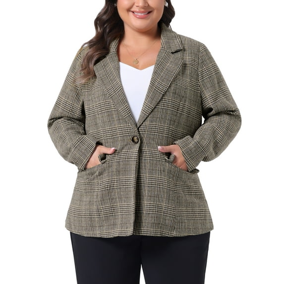 Agnes Orinda Blazers for Women Plus Size Plaid Notched Lapel Long Sleeve Business Casual Blazer Jackets 1X Black Brown