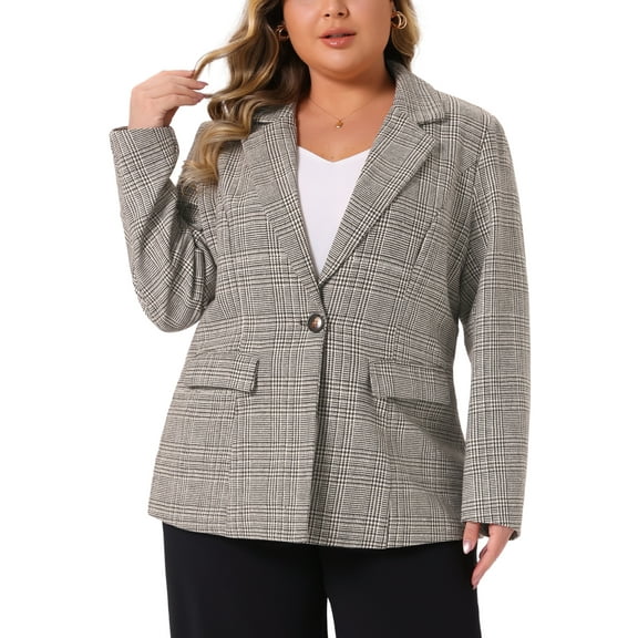 Agnes Orinda Blazers for Women Plus Size Plaid Notched Lapel Long Sleeve Business Casual Blazer Jackets 1X Brown Beige