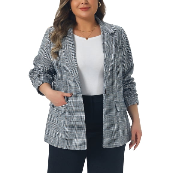 Agnes Orinda Blazers for Women Plus Size Plaid Notched Lapel Long Sleeve Business Casual Blazer Jackets 1X Dark Blue