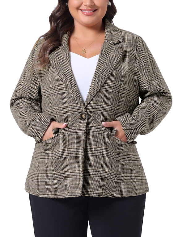 Plus Size Blazers for Women Plaid Notched Lapel Long Sleeve Business Casual Blazer Jackets 2X Black Brown