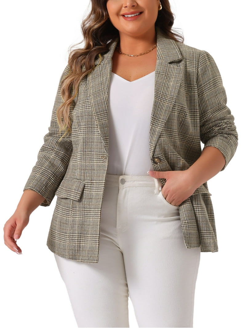 Agnes Orinda Blazers for Women Plus Size Plaid Notched Lapel Long