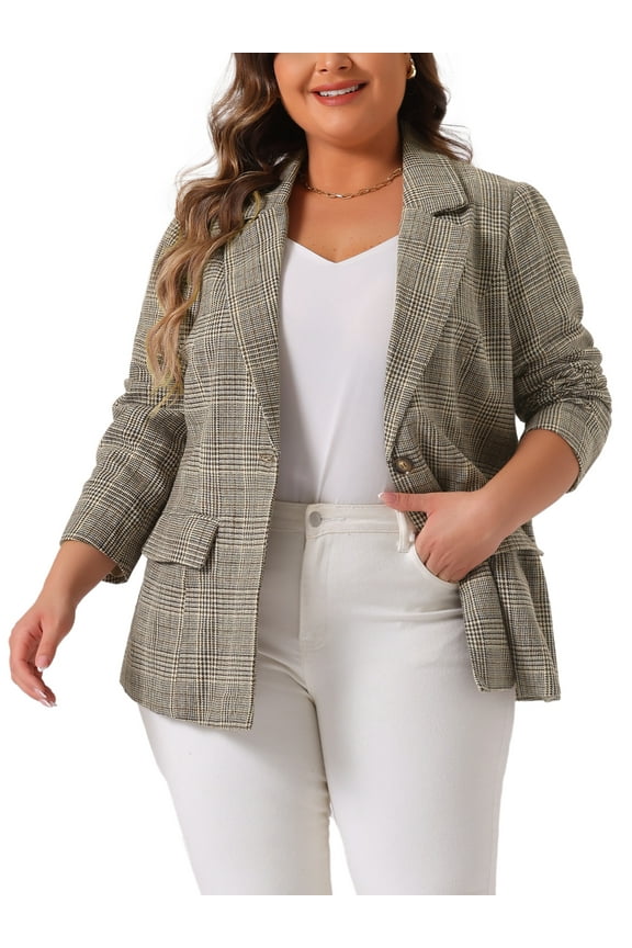 Blazers for Women Plus Size Plaid Notched Lapel Long Sleeve Business Casual Blazer Jackets 3X Brown