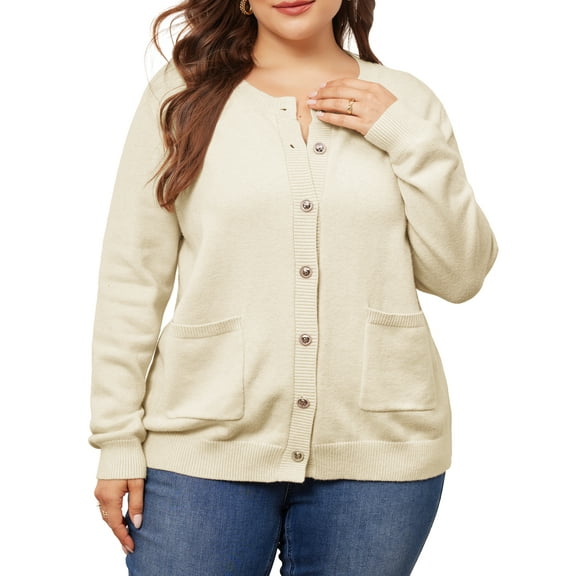 Agnes Orinda Women's Plus Size Long Sleeves Button Down Crew Neck Knit Sweater Cardigan 1X Beige