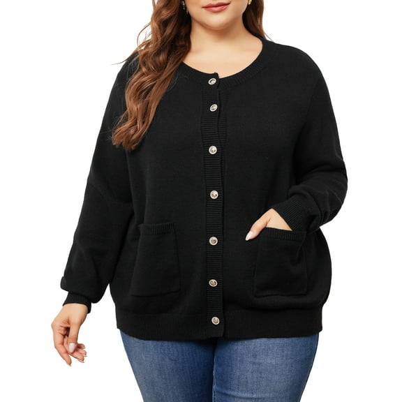 Agnes Orinda Women's Plus Size Long Sleeves Button Down Crew Neck Knit Sweater Cardigan 2X Black