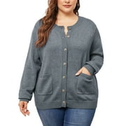 AGNES ORINDA Women's Plus Size Long Sleeves Button Down Crew Neck Knit Sweater Cardigan 2X Gray
