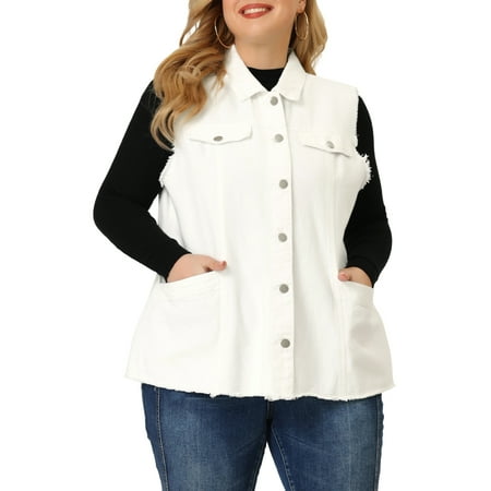 Agnes Orinda Women's Plus Size Jean Vest Sleeveless Raw Hem Casual Denim Jacket 2X White