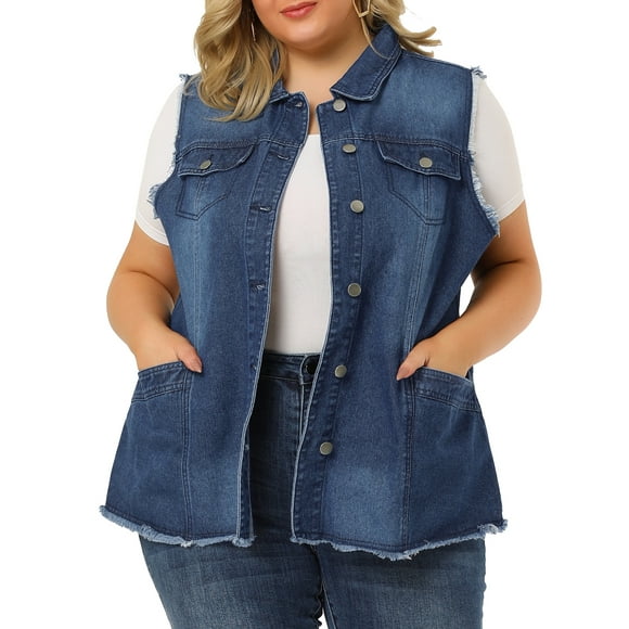 Agnes Orinda Women's Plus Size Jean Vest Raw-Hem Sleeveless Fashion Denim Jacket 4X Dark Blue