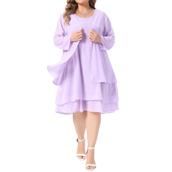 Agnes Orinda Women's Plus Size Chiffon Sleeveless Layered Midi Dress and Long Sleeve Open Front Cardigan Elegant Formal Wedding 2 Piece Dress Set 1X Purple