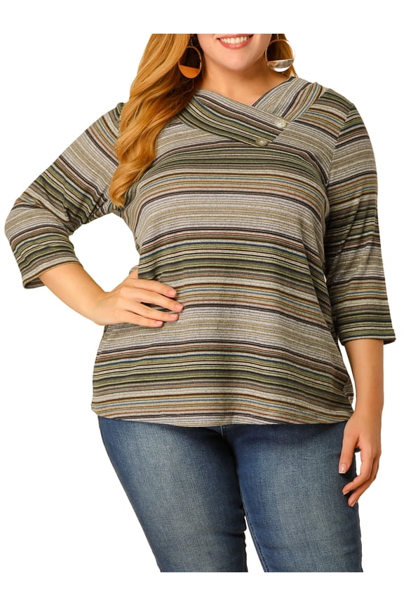 Agnes Orinda Junior' Plus Size Stripes V Neck 3/4 Sleeve Knit Tops