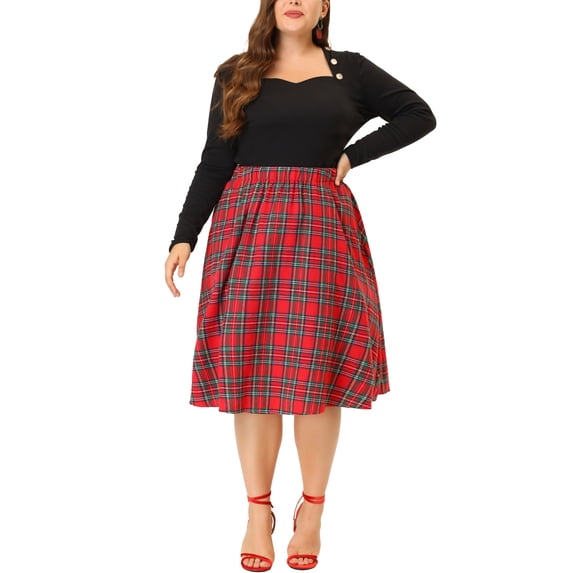 Agnes Orinda Juniors' Plus Size School College A Line Knee Length Plaid Flare Velvet Skirt 1X Red