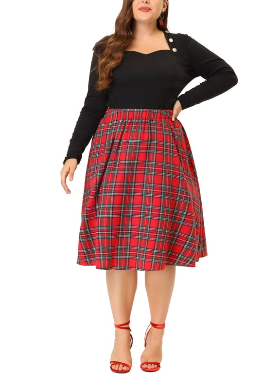 Agnes Orinda Juniors' Plus Size A Line Knee Length Plaid Flare Velvet Skirt 1X Red