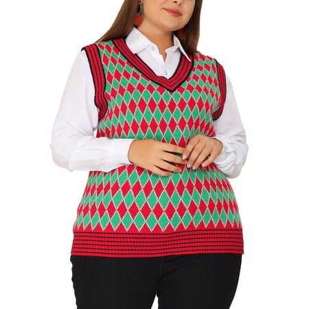 MODA NOVA Juniors Plus Size Argyle Plaid V Neck Sleeveless Knit Sweater Vest 1X Red