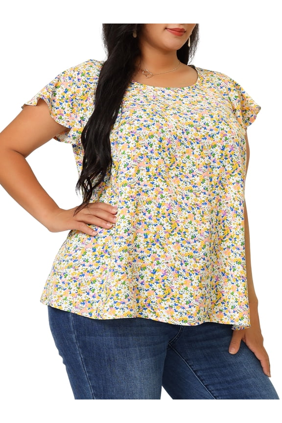 Juniors' Plus Size Top Holiday Floral Print Flare Short Sleeve Blouse 4X Pink