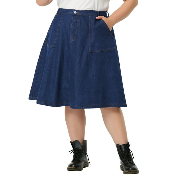MODA NOVA Juniors Plus Size Denim Casual A-Line Midi Skirt with Pockets 1X Blue