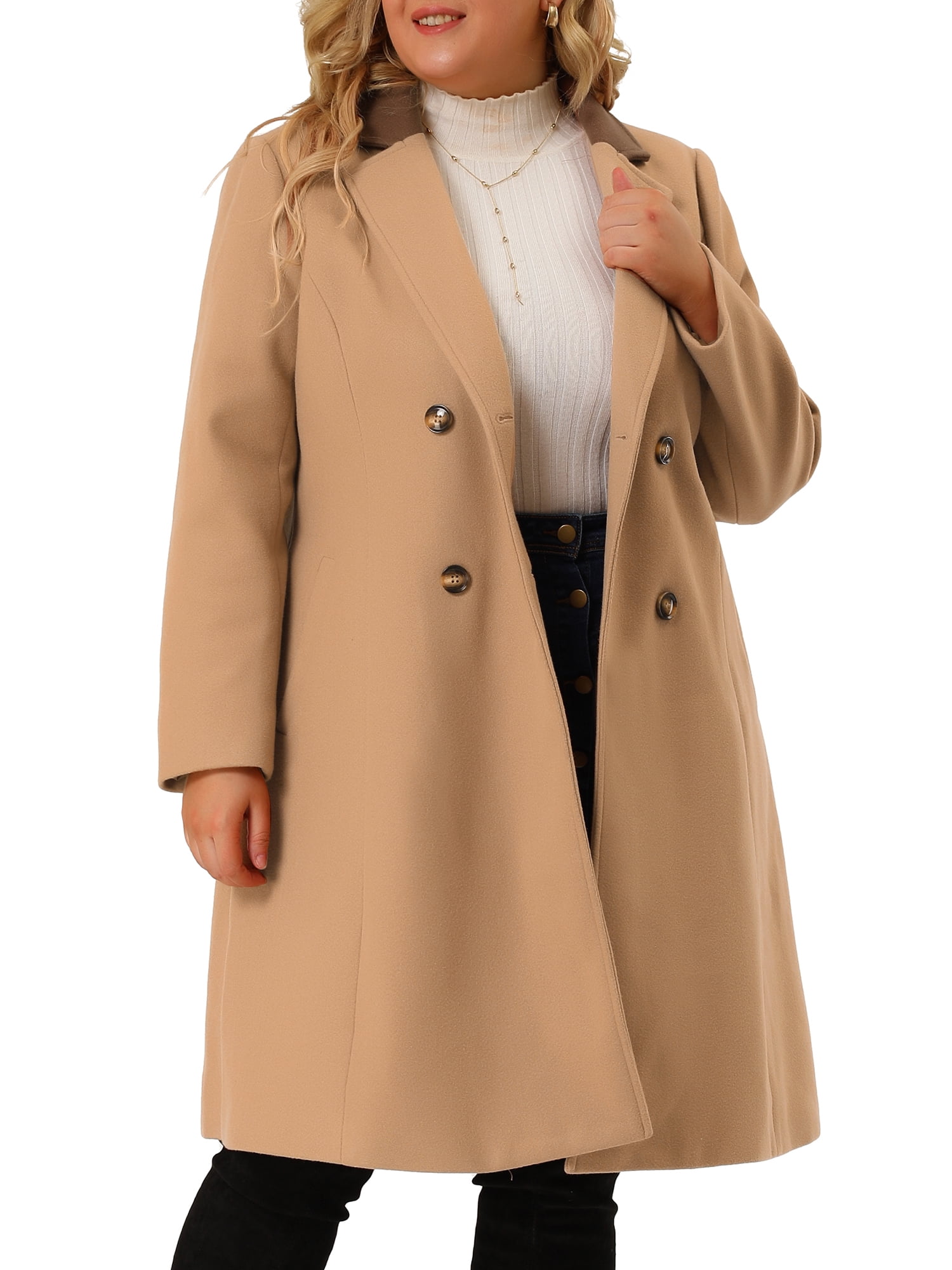 Agnes Orinda Women's Plus Peacoat Notched Lapel Double Breasted Mid Length  Overcoat 