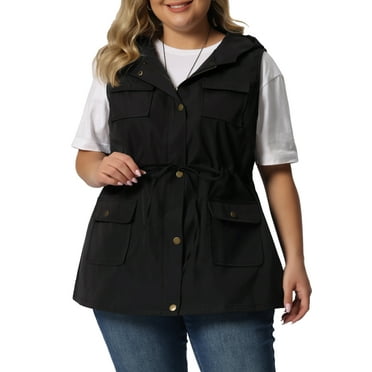 Agnes Orinda Plus Size Anorak Utility Vest for Women Drawstring Lightweight Sleeveless Cargo Hooded 3X Black