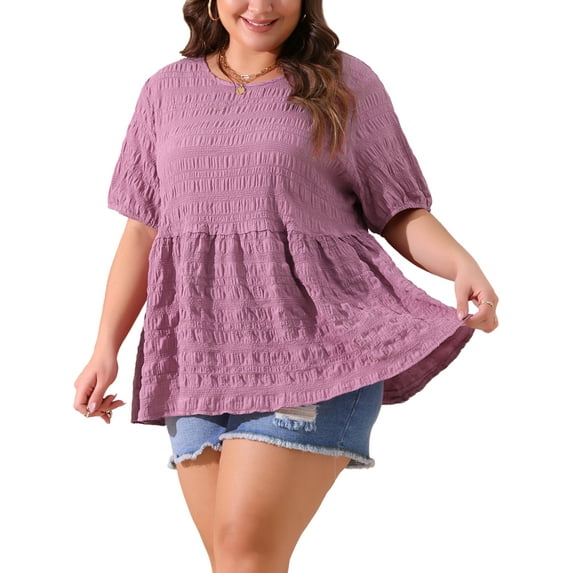 Agnes Orinda Women's Plus Size Babydoll Tops Texture Crew Neck Short Sleeve Flowy Summer Casual Blouse 1X Purple