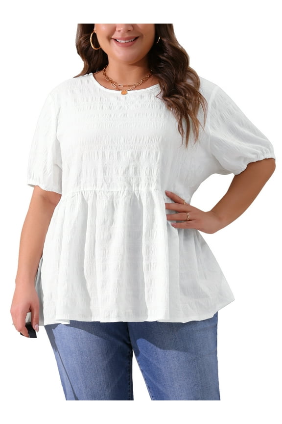 Women's Plus Size Babydoll Tops Texture Crew Neck Short Sleeve Flowy Summer Casual Blouse 1X White