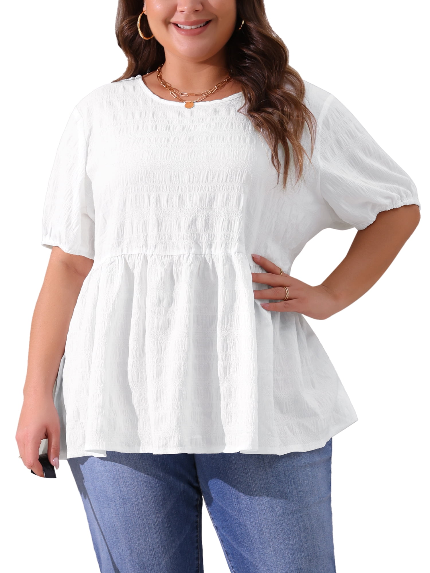 Raw Hem Notched Babydoll Linen Blouse Plus Size main image 1