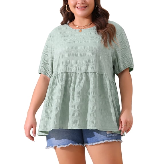 Agnes Orinda Women's Plus Size Babydoll Tops Texture Crew Neck Short Sleeve Flowy Summer Casual Blouse 4X Greyish Green