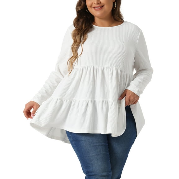 Agnes Orinda Women's Plus Size Babydoll Tops Long Sleeve Crew Neck Casual Loose Peplum Blouses Tunics 1X White