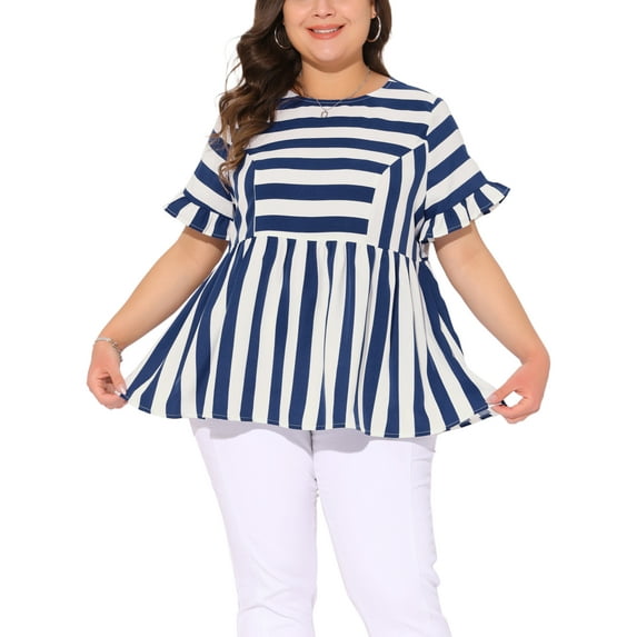 Agnes Orinda Women's Plus Size Stripe Tops Ruffle Short Sleeve Peplum Summer Casual Babydoll Blouse 2025 1X Blue White