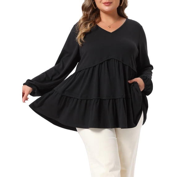 Agnes Orinda Women's Plus Size Halloween Outfits Babydoll Tops Tiered Ruffle V Neck Long Sleeve Elastic Cuff Fall Casual Peplum Tunic Dressy Blouses 3X Black
