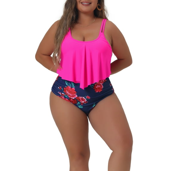 Agnes Orinda Plus Size Bikini Swimsuit for Women Floral Print High Waist Ruched 2 Piece Bathing Suit Set