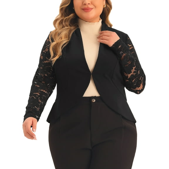 Agnes Orinda Plus Size Blazer Cardigan for Women Long Sleeve Lace Open Front Cropped Shrug Bolero Cardigans Jacket 1X Black