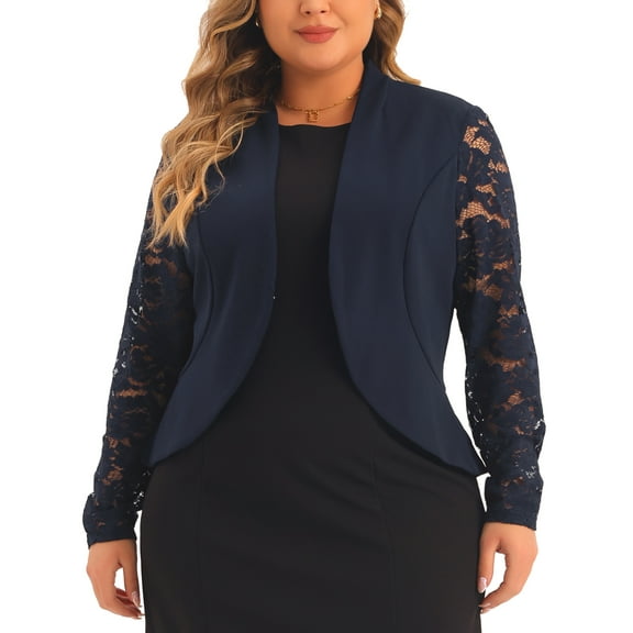 Agnes Orinda Plus Size Blazer Cardigan for Women Long Sleeve Lace Open Front Cropped Shrug Bolero Cardigans Jacket 1X Navy Blue
