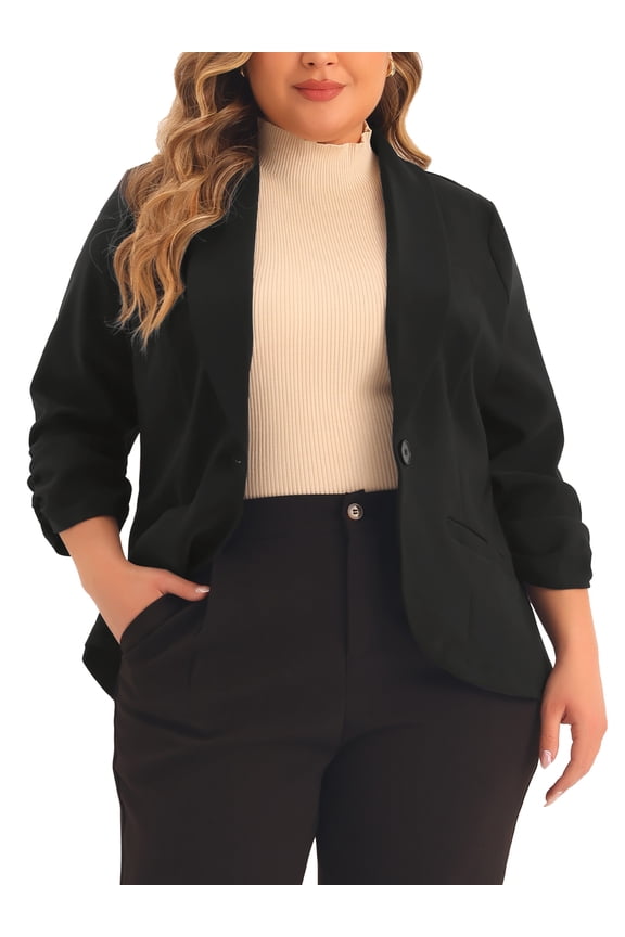 Plus Size Blazer for Women 3/4 Ruched Sleeve Open Front Lightweight Work Office Suit Jacket 1X Black