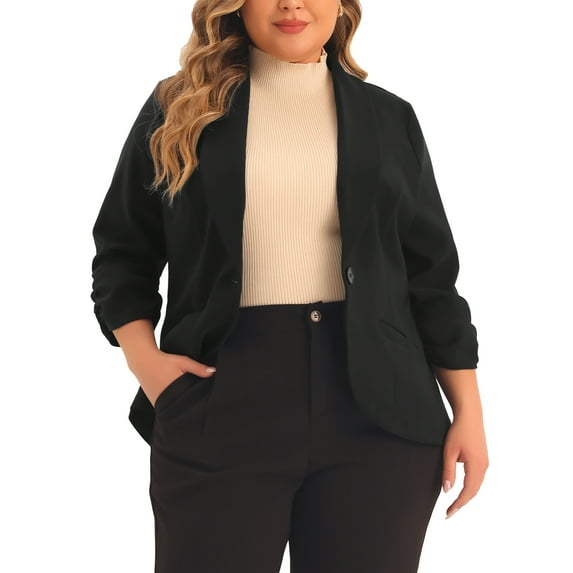 Agnes Orinda Plus Size Blazer for Women 3/4 Ruched Sleeve Open Front Lightweight Work Office Suit Jacket 1X Black
