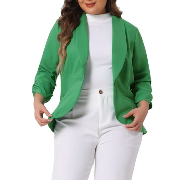 Agnes Orinda Plus Size Blazer for Women 3/4 Ruched Sleeve Open Front Lightweight Work Office Suit Jacket 2X Green