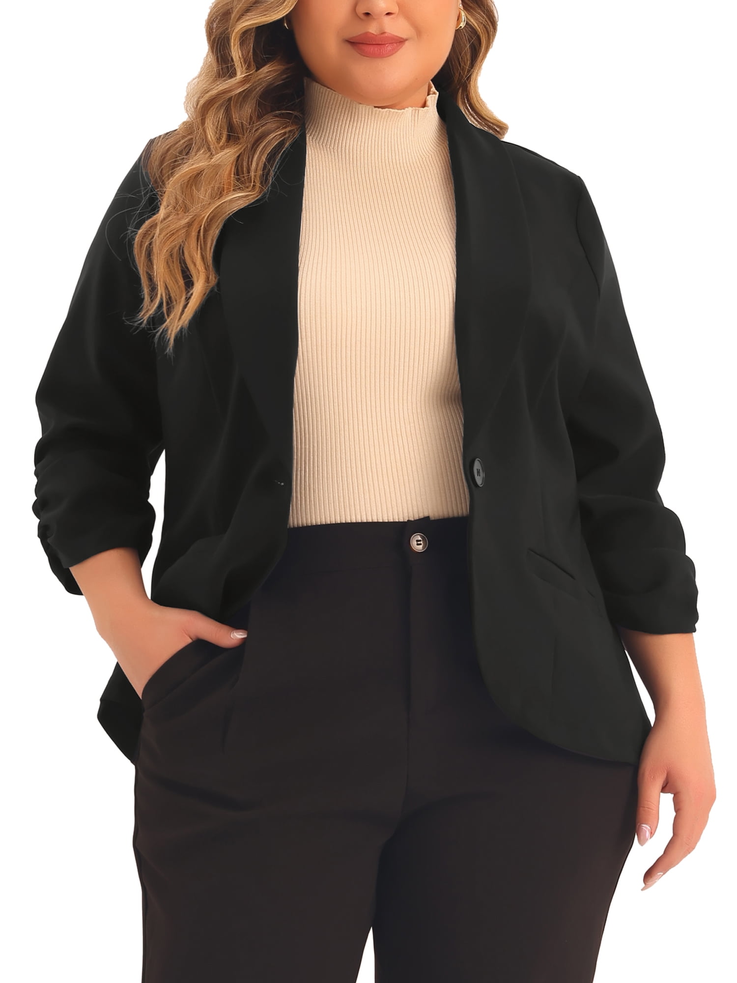 【2plan】Four Seasons Basic Over Blazer Agnes Orinda Plus Size Blazer for Women 3/4 Ruched Sleeve
