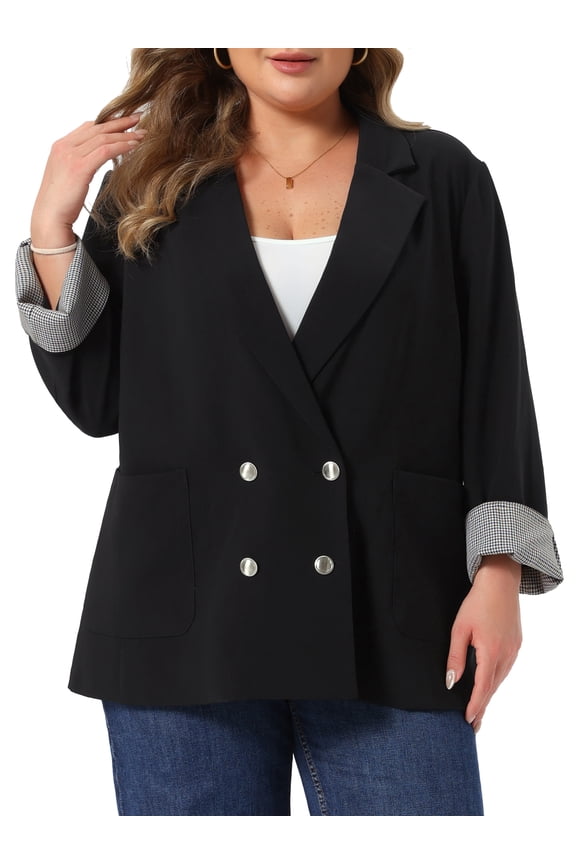 Women's Plus Size Blazer Lapel Double Breasted Rolled Houndstooth Cuffs Business Casual Suit Jacket with Pockets 1X Black