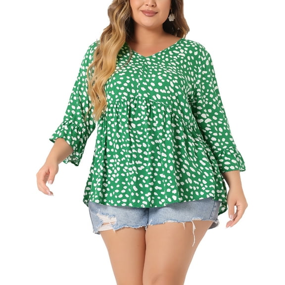 GRACE & GRANDEUR Women's Plus Size Tops Polka Dots V Neck 3/4 Sleeves Peplum Hem Babydoll Blouses 3X Green