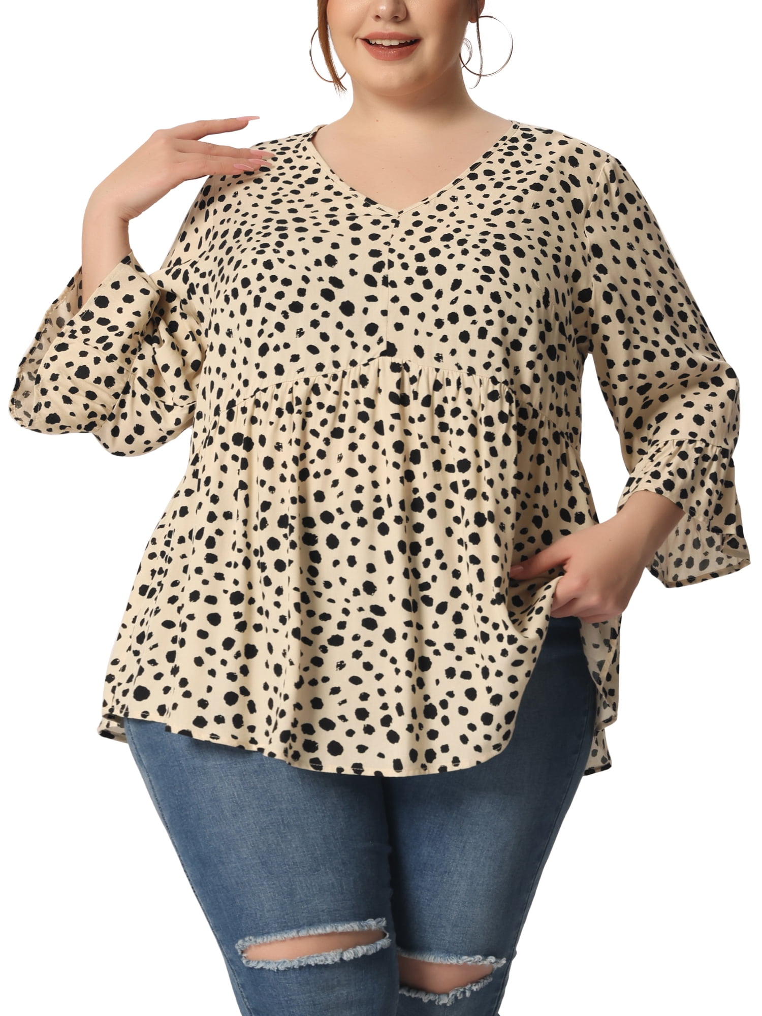 Agnes Orinda Plus Size Blouse for Women Babydoll Polka Dots 3/4 Sleeve ...