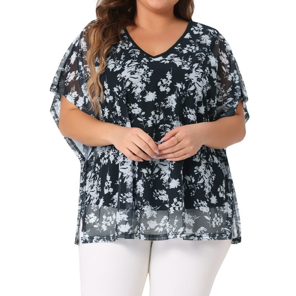 Agnes Orinda Plus Size Blouse for Women Floral Pattern Batwing Sleeve Beach Cover Loose Tunic Shirt Tops 1X Black
