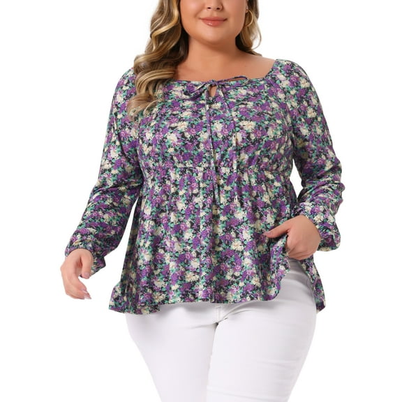 Agnes Orinda Plus Size Blouse for Women Sweetheart Neckline Long Sleeve Floral Peplum Top 2X Purple
