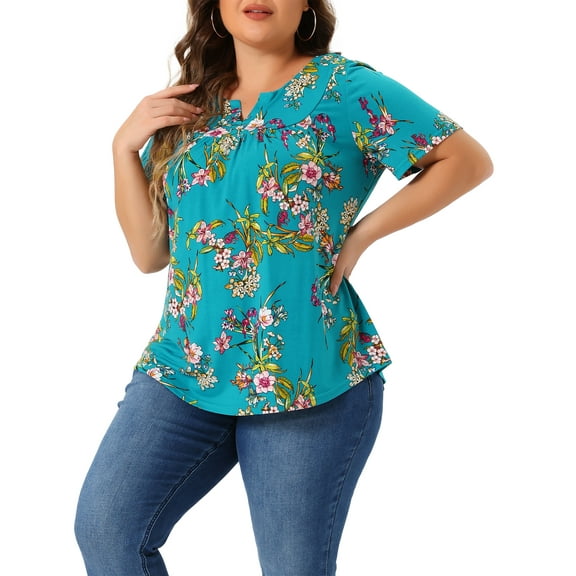 Agnes Orinda Women's Plus Size Blouse V Neck Floral Print Short Sleeve Casual Top Blouses Tops 3X Lake Blue