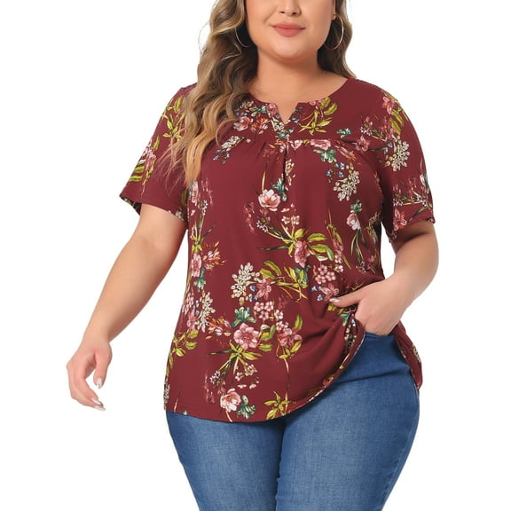 Agnes Orinda Women's Plus Size Blouse V Neck Floral Print Short Sleeve Casual Top Blouses Tops 1X Red