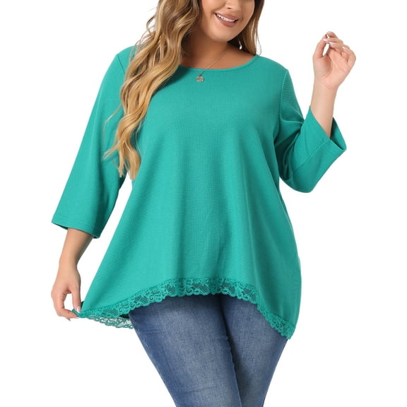 Agnes Orinda Plus Size Blouse for Women Waffle 3/4 Sleeve Round Neck Lace Panel Loose High Low Hem Tops 2X Blue Green