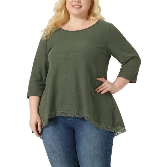 Agnes Orinda Plus Size Blouse for Women Waffle 3/4 Sleeve Round Neck Lace Panel Loose High Low Hem Tops 3X Army Green