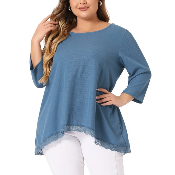 Agnes Orinda Plus Size Blouse for Women Waffle 3/4 Sleeve Round Neck Lace Panel Loose High Low Hem Tops 3X Blue