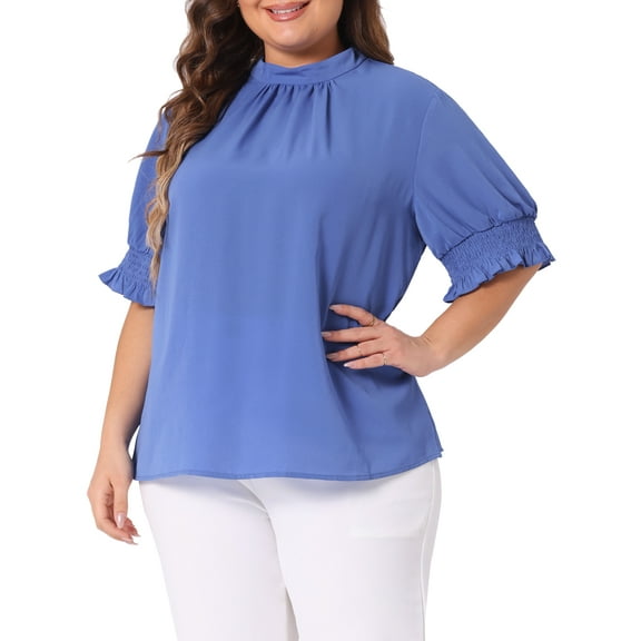 Agnes Orinda Plus Size Blouse for Women Work Office Pleated Solid Short Sleeve Mock Neck Puff Sleeve Tops 1X Blue