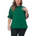 thumbnail image 1 of Agnes Orinda Plus Size Blouse for Women Work Office Pleated Solid Short Sleeve Mock Neck Puff Sleeve Tops 1X Green, 1 of 6