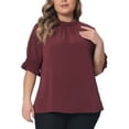 thumbnail image 1 of Agnes Orinda Plus Size Blouse for Women Work Office Pleated Solid Short Sleeve Mock Neck Puff Sleeve Tops 3X Burgundy, 1 of 5